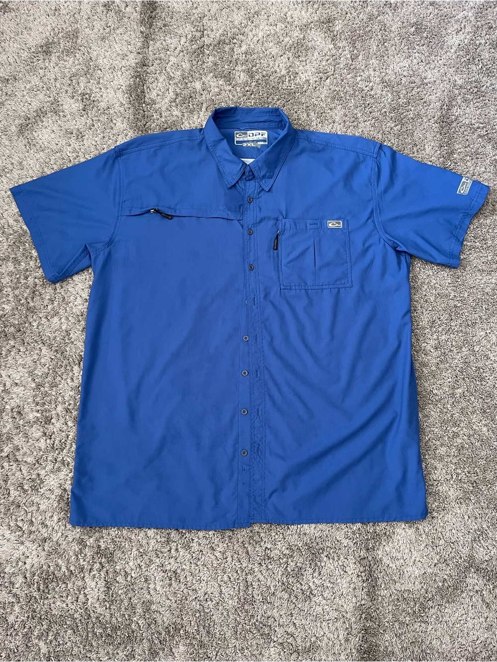 Drake Fishing Shirt Mens 2XL XXL Blue Short Sleeve Button Up Performance